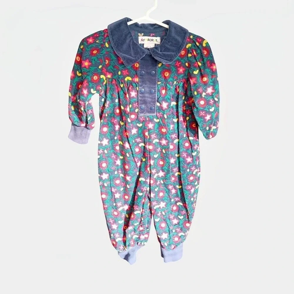 Vintage Gymboree Floral Cotton Playsuit With Blue Velvet Collar & Cuffs Size XS